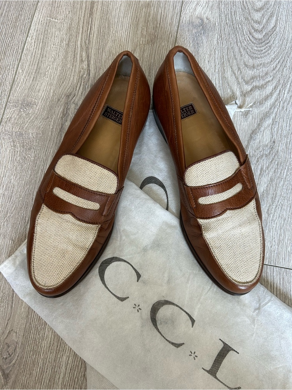 Walter Steiger Brown Leather & Cream Canvas Penny Loafers